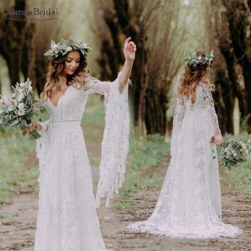 Flare Sleeve Lace Wedding Dresses V-Neck A Line Elegant Bridal Gowns Romantic Fashion Vestido De Noivas DW417