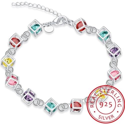LEKANI Hot Sale Shiny CZ Crystal Happiness Cube 925 Sterling Silver Woman Girl Bracelet Multicolored Cube Rainbow Fine Jewelry