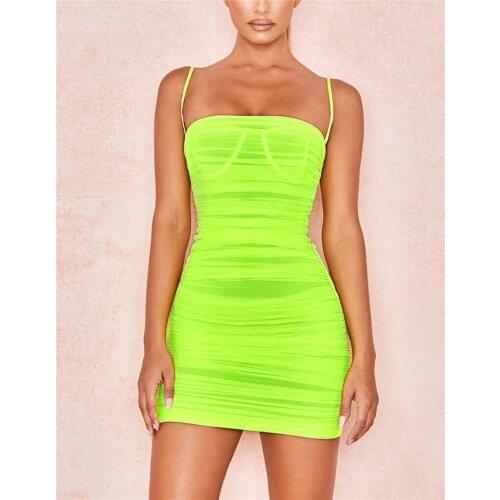 Summer Fluorescent Green Vestido Celebrity Sexy Strap Mini Bodycon Elegant Night Party Dress Women Dresses