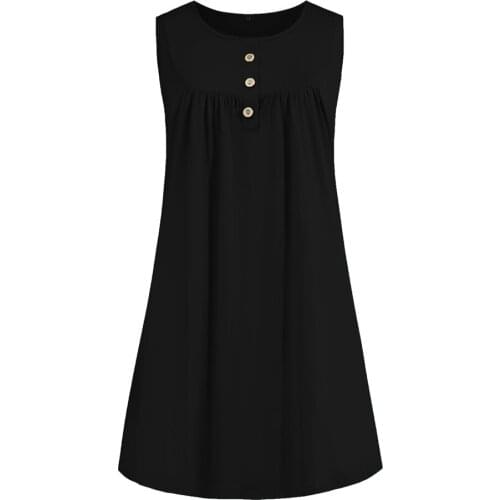 Summer Women Sexy Mini Tank Pleated Dress High Waist O-Neck Sleeveless Botton A-Line Vestidos Casual Loose Solid Dress Plus Size