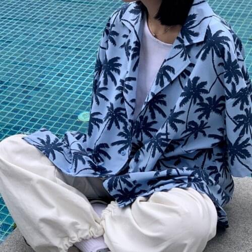 HOUZHOU Hawaiin Shirt Summer Harajuku Vintage Oversize Short Sleeve Cardigan Beach Cover Up Left Printed Korean Fashion Blouse