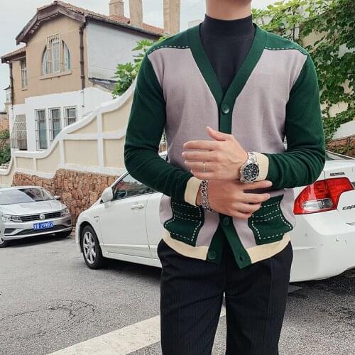 Autumn Winter Fashion V-Neck Long-Sleeved Cardigan Sweater Men Korean Wersion Of The British Slim Hit Color Retro Knitted Sweate