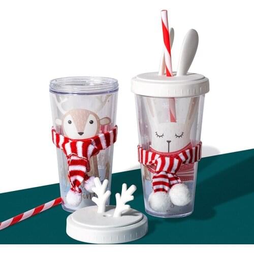 Kawaii Animals Plastic Cup with Straw and Lid Double Wall Water Bottle for Drinking Coffee Mug Juice Milk Mug Christmas Gift