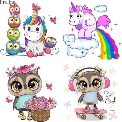 Prajna Iron Vinyl Heat Transfer Patches For Clothes DIY Iron On Transfer Owl Unicorn Patch Stickers Stripes Applique On Clothes