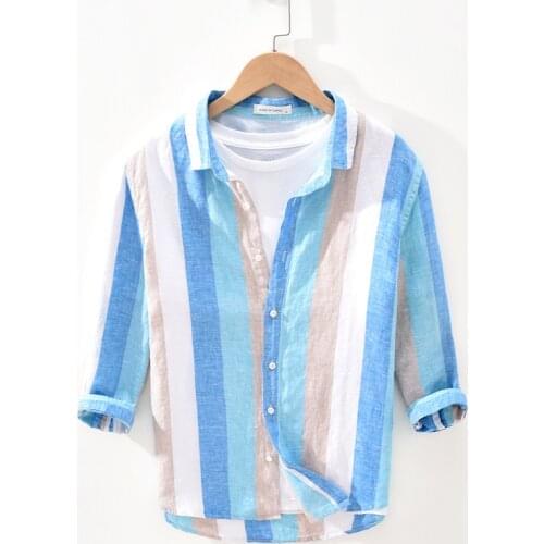 YH2061 Men Vertical Striped Shirt Three Quarter Sleeve Fashion Fresh Spring Summer Thin Breathable Button Linen Cardigan Tops