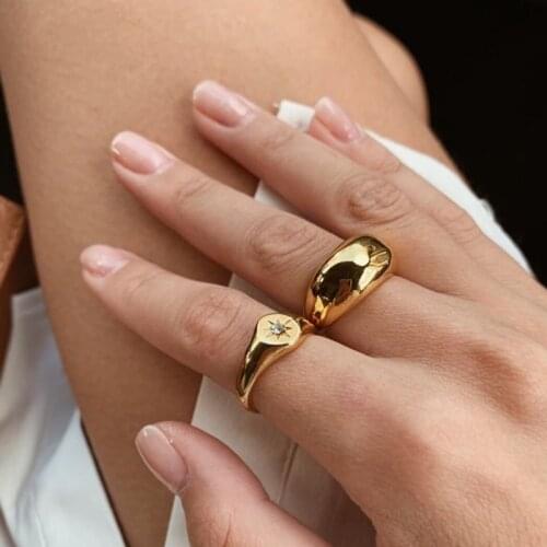 Chic Star Stamp Rings for Women, Gold Color Stainless Steel Signet Round Top Ring with AAA CZ Stone, Minimalist Rock Punk Ring