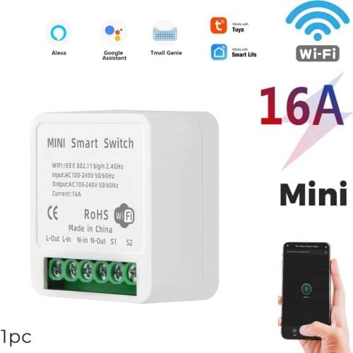 16A Tuya Wifi Mini DIY Smart Switch Led Light Smart Life Push Module Support 2 Way Voice Relay Timer Work with Google Home Alexa
