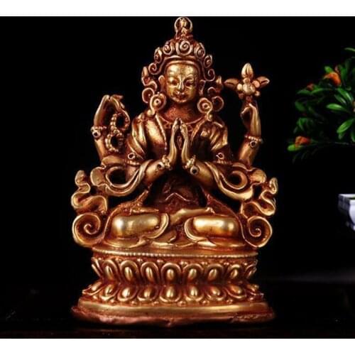 Tibet Buddhism handmade old Budda statue Copper gilt Four arm Guanyin 2.3" statues for decoration Collection ornaments