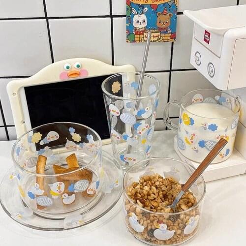 Glass Transparent Duck Cup Milk Breakfast Yogurt Cereal Bowl Printed Girl Heart Salad Plate