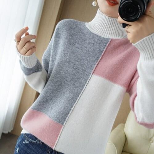 Autumn and winter new cashmere sweater ladies turtleneck pullover 100% pure wool stitching slim thick knitted large size top