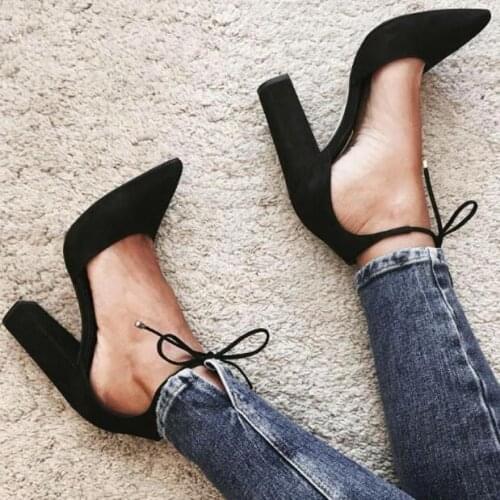 Ladies spring fashion high heel pointed toe high square heels ankle strap women casual sold shoes black pink lace up heels shoes