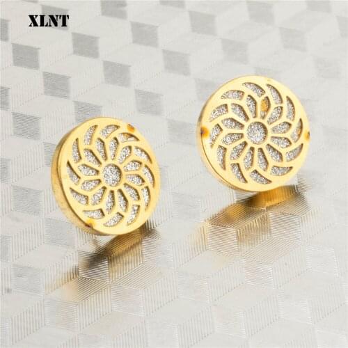 XLNT Fashion Women Statement Round Stud Earrings for Women Stainless Steel Flower Earrings