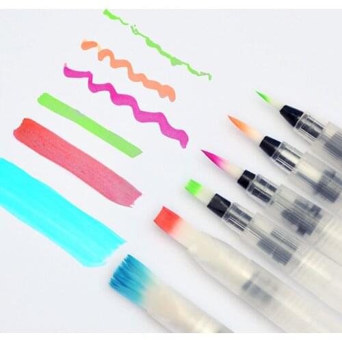 Refillable Water Brush Flat/Pointed Head 6 Different Size Soft Water Soluble Color Lead Solid Watercolor Paint Calligraphy Brush