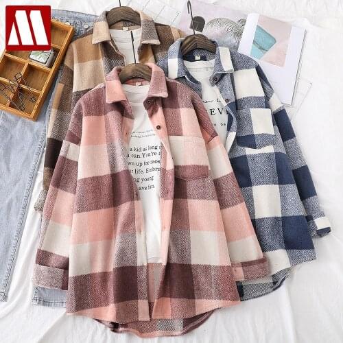 Lady Plus Size Woolen Plaid Shirts Womens Blouses Winter Thick Long Sleeve Lady Tops Loose Checked Female Clothing Outwear Coat