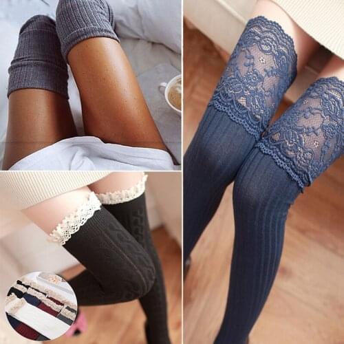 Girls Women Stockings Warm Thigh High Over the Knee Socks Long Cotton Stockings Female Ladies Lace Fashion Sexy Stockings Medias