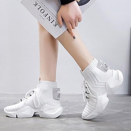 Womens Stretch Fabric Sneakers For Autumn Back Cloth Decoration Air Mesh Solid Flat Thick Platform Lace-up Ankle Sports Shoes