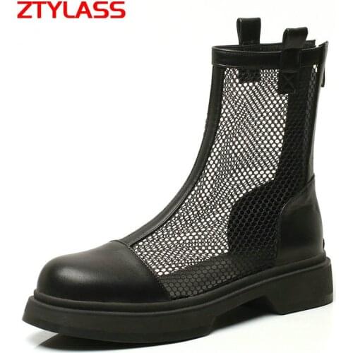 2021 Summer Breathable Women Mesh Boots Fashion Zipper Low Heel Ankle Boots Black Round Toe Hollow Short Boots Round Toe Shoes