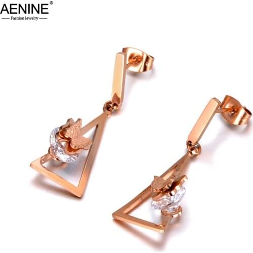 AENINE Bohemia Titanium Stainless Steel CZ Crystal Butterfly Earrings Fashion Triangle Geometric Earrings For Women AE20013
