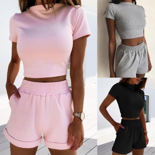 2 Piece Set Women Summer 2021 Fashion Leisure Sport Suit Short Sleeve O Neck Crop Top & High Waist Loose Shorts Jogger Tracksuit