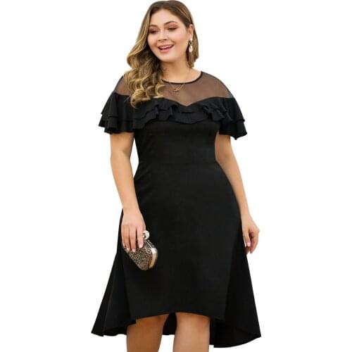 New Ruffle O Neck Vintage black Dress women plus size dress Breathable Washable Casual Knee-Length High Street Dresses