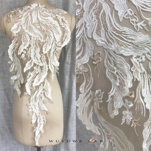1Pc Sequins Ivory Champagne two-color Embroidered Cotton Lace Flower Patch Applique Wedding Dress DIY Accessories 34.5X78cm SW6