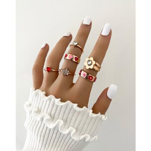 Stillgirl 6Pcs Kpop Crystal Gold Heart Rings for Women Boho Cute Flower Plant Set Female Y2k Fashion Jewelry Bijoux Femme Bauge