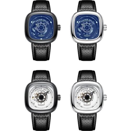 Automatic Mechanical Mens Square Watch Real Leather Strap Hollow Design Life Waterproof Alloy Case 3d Dial Men Clock Wilon2066