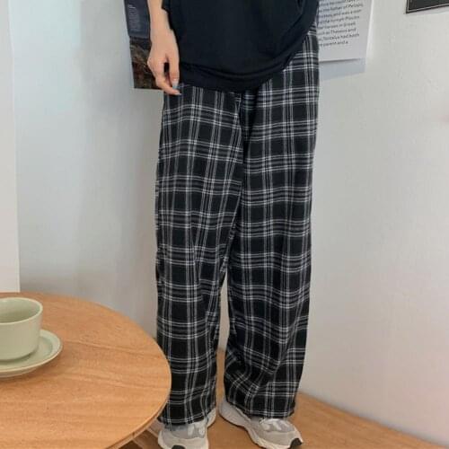Women Pants Plaid Wide Leg Summer Elastic Waist Straight Trousers Streetwear