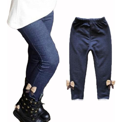 Retail 2016 new kids girls jean bow pants, cotton cashmere pants, elastic waist legging warm pants winter spring k1