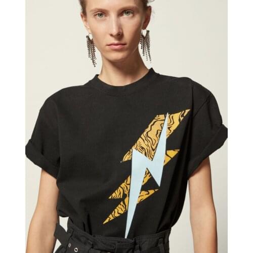 O neck lightning print cotton T-shirt women black beige green simple casual women tops tee 2020 Summer new