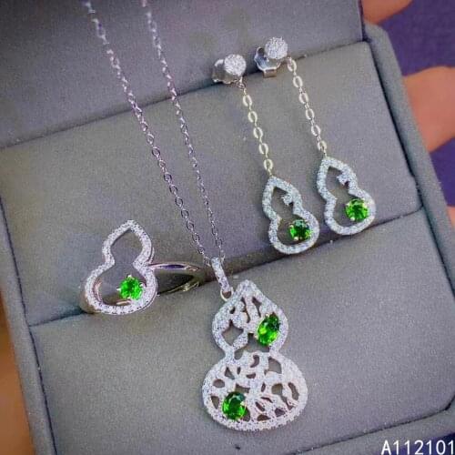 KJJEAXCMY fine jewelry 925 sterling silver inlaid natural diopside Womens trendy gourd Ring Pendant Earring Set support test
