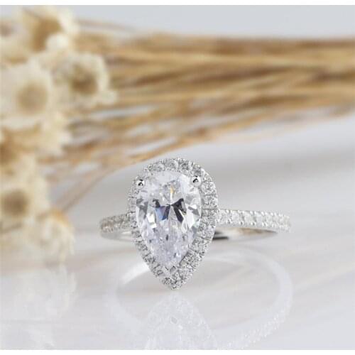 RandH 1.5CARAT 9*6mm 14K White Gold Pear Moissanite Halo Stone Rings For Women Engagement Wedding Jewelry Womens Ring