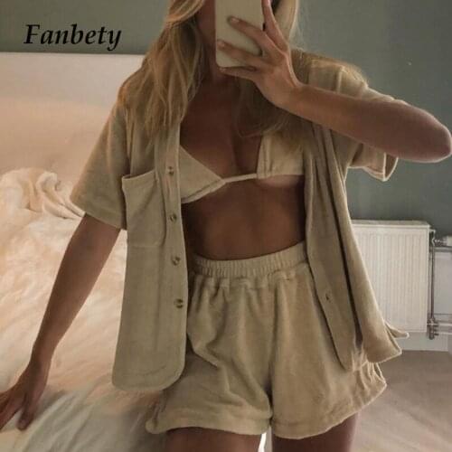 Spring Summer Fashion Two Piece Sets Women Single Breasted Tops And Fluffy Shorts Suits Homewear Lady Casual Soft Loose Outfit