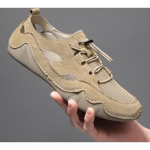 Leather Sneakers Men Summer Breathable Casual Shoes Big Size 48 47 Cow Suede Flats Mens Fashion Zapatos Hombre High Quality Gray