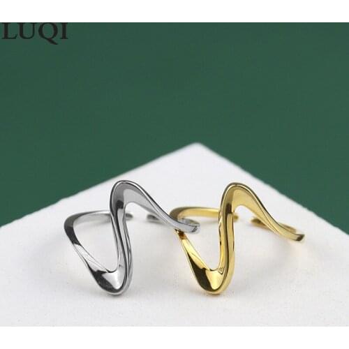 Fashionable Womens S925 Silver Plated Gold Wave Irregular Glossy Opening Adjustable Ring TJZ074