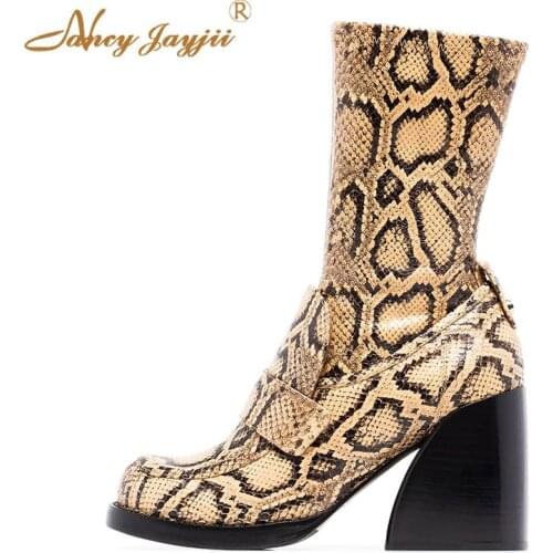 Ankle boots 2019 winter short plush ladies square high-heeled animal pattern round head women fashion sexy plus size 4-16