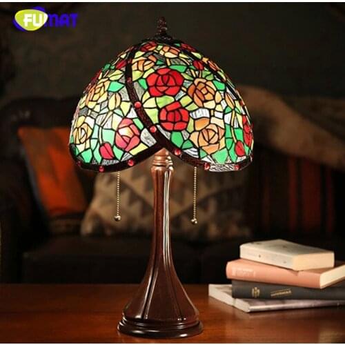 FUMAT Stained Glass Table Lamp European Style Art Rose Glass Lamp Hand Made LED Bedside Living Room Wedding Decor Light Fixture