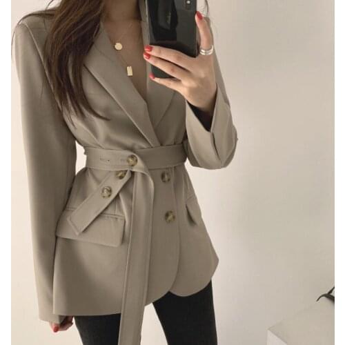 New Retro Casual Temperament Blazer Jacket Korean Chic Loose Suit Jacket Lace Up Double-breasted office ladies Outerwear R160