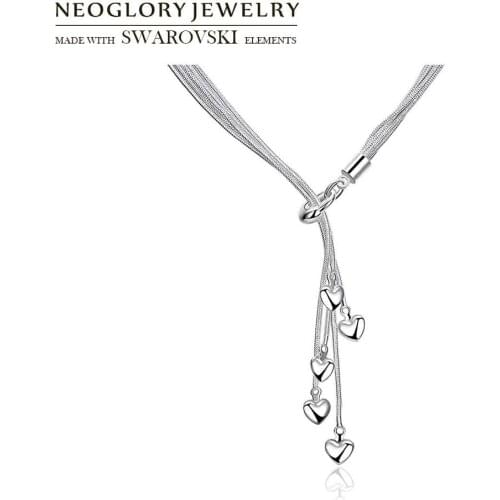 Neoglory Silver Plated Long Heart Beaded Charm Necklace Love Choker Allergy Free Elegant Party Lady Gift Dress Collars Hot Gift