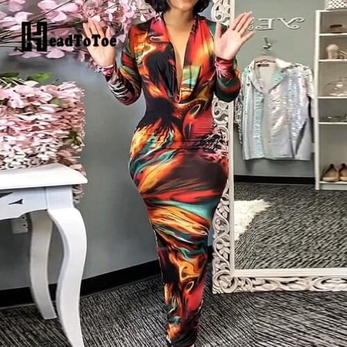 Graffiti Print Sexy V Neck Long Sleeve Bodycon Maxi Dress
