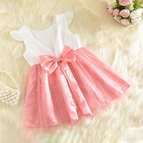 Girls Princess Pearls Dresses Kids Party Patchwork Dress Hollow V-Neck Back Bow Costumes Fashion Sweet Childrens Vestidos 2-7Y