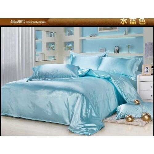 Luxury aqua blue mulberry silk bedding set king size queen full twin duvet cover quilt bed linen sheet satin bedsheet bedspreads