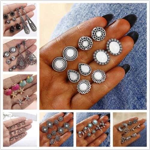 Vintage Geometric Stud Earrings Set For Women Girls 2018 Fashion crustal Flower shell Small Earrings Boucle d'oreille Femme a68