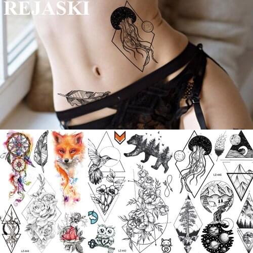 REJASKI Galaxy Jellyfish Diamond Temporary Tattoo Sticker Feather Mountain Star Fake Tatoos For Women Waist Art Body Art Tattoos