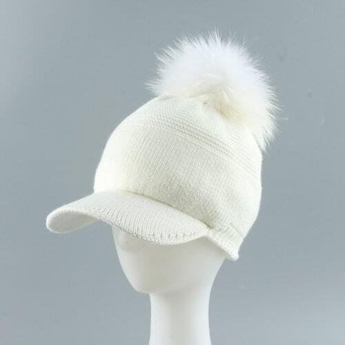 Women Hat Winter Baseball Cap Real Raccoon Fur Pompom Knit Beanie Warm Fleece Lining Skiing Outdoor Accessory Girl Teenager
