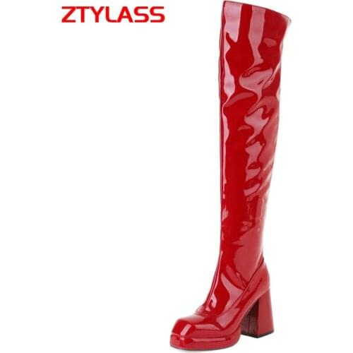 Autumn Winter Platform Women Boots Fashion Patent Leather Over The Knee Boots Square High Heel Zipper Long Boots Woman Shoes