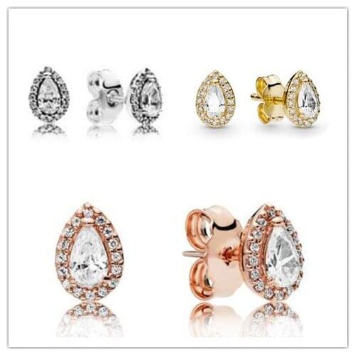925 Sterling Silver Pan Earring Radiant Teardrop Studs Earring With Crystal For Women Wedding Jewelry