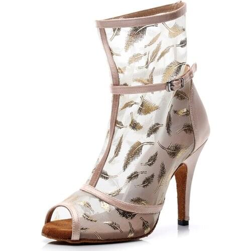 Women Mesh Ballroom Dance Boots Girls Soft Bottom Bachata Salsa Latin Dance Shoes for Ladies Nude Red High Heels Stilettos