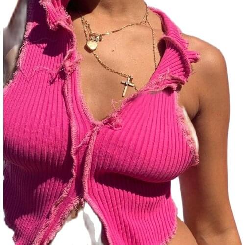 New Fashion Ribbed Knit Sleeveless Design Crop Tops For Women Low Cut Tank Top Autumn Hot High Quality Sexy Club Party Wear