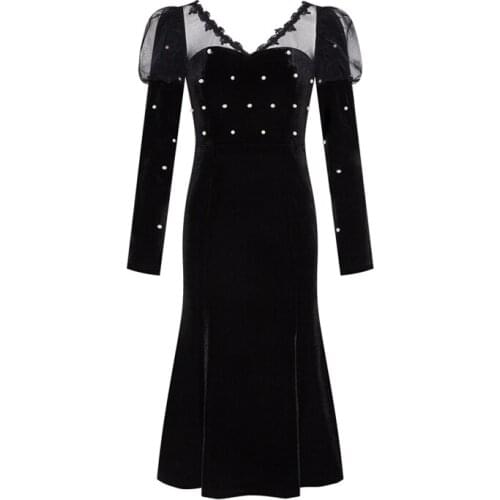PERHAPS U Women Elegant Black V Neck Velvet Long Sleeve Knee Length Beading Mermaid Trumpet Dress Mesh Puff Sleeve Pearl D3046
